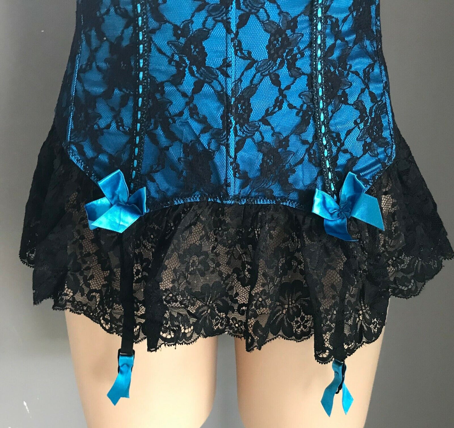 HANKY PANKY Burlesque Corset Suspenders Black & Teal Blue Lace Size 10 NEW Sexy