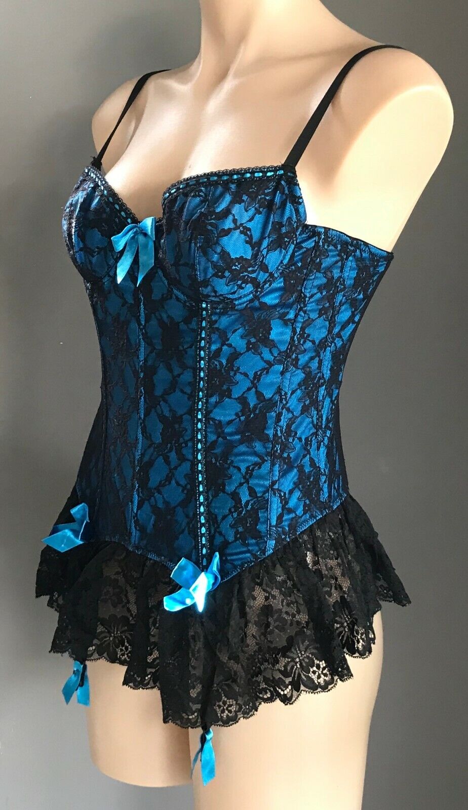 HANKY PANKY Burlesque Corset Suspenders Black & Teal Blue Lace Size 10 NEW Sexy