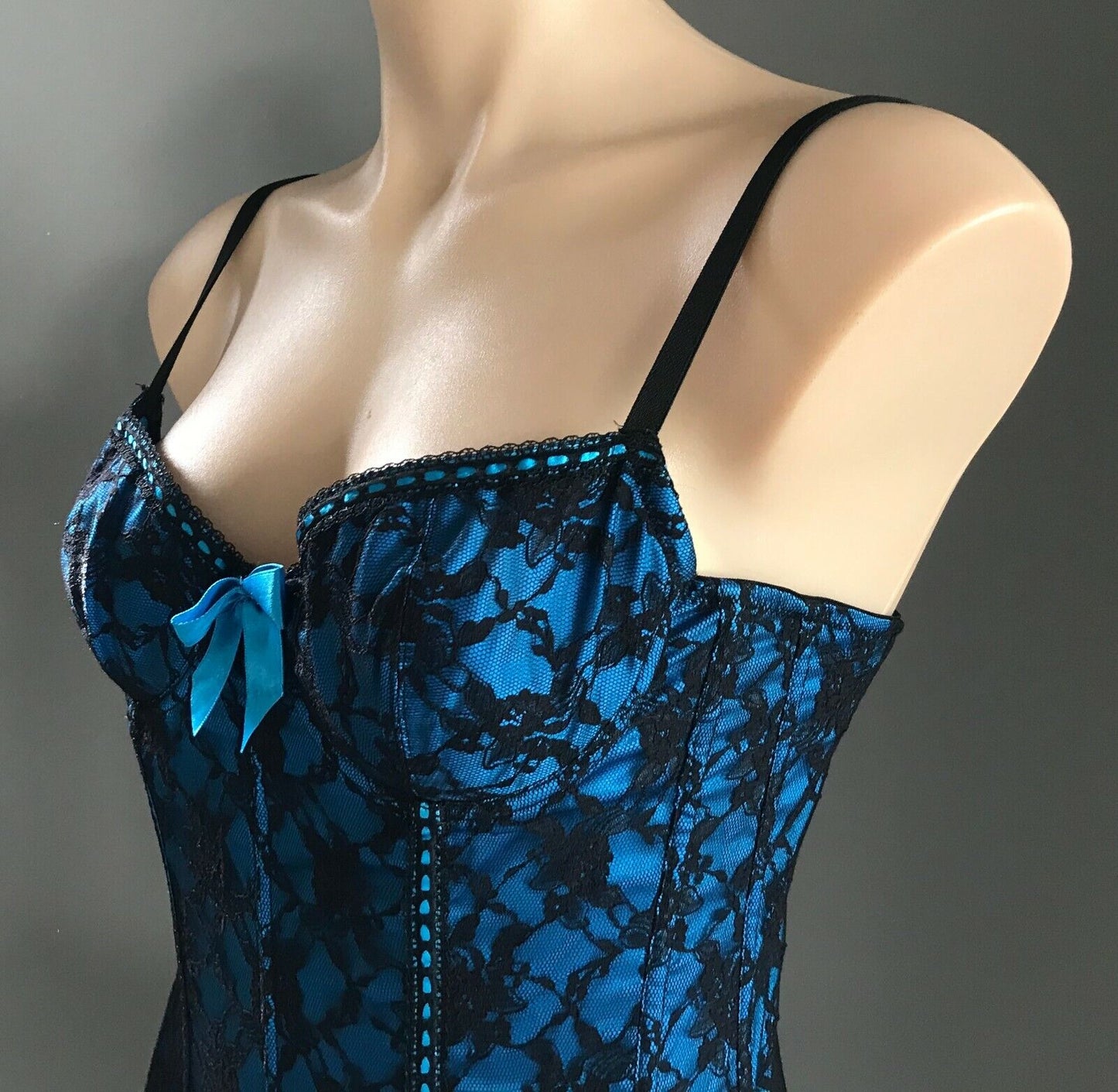 HANKY PANKY Burlesque Corset Suspenders Black & Teal Blue Lace Size 10 NEW Sexy