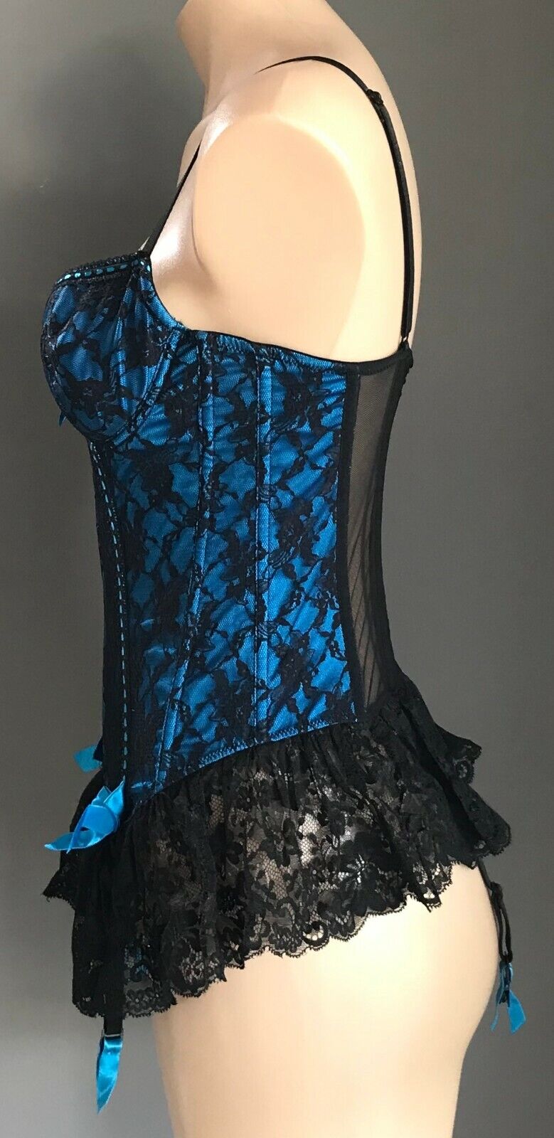 HANKY PANKY Burlesque Corset Suspenders Black & Teal Blue Lace Size 10 NEW Sexy