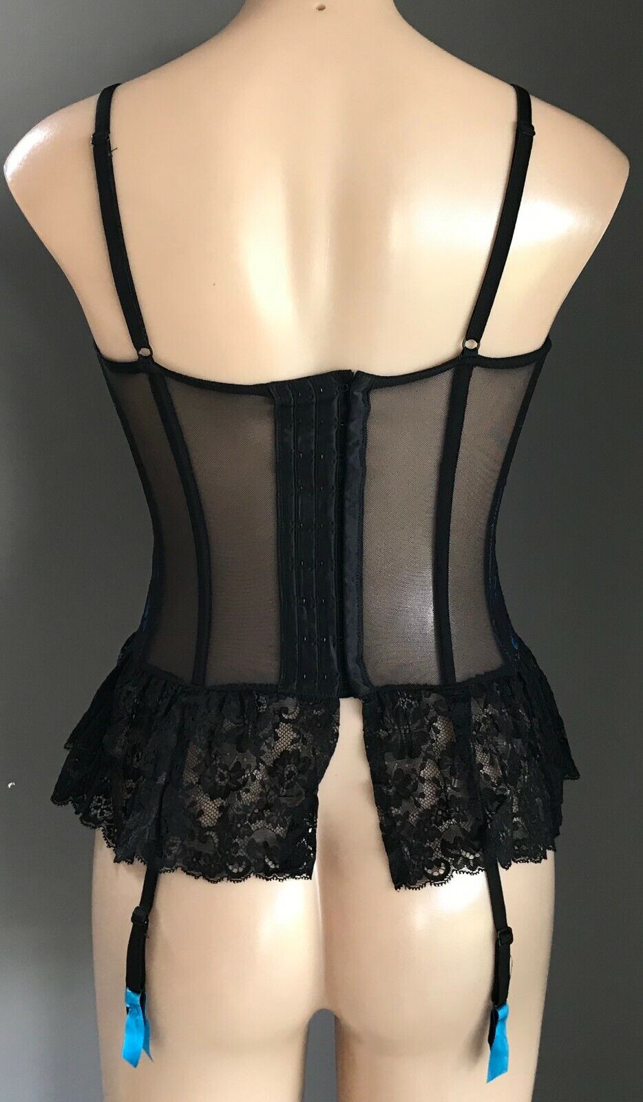 HANKY PANKY Burlesque Corset Suspenders Black & Teal Blue Lace Size 10 NEW Sexy