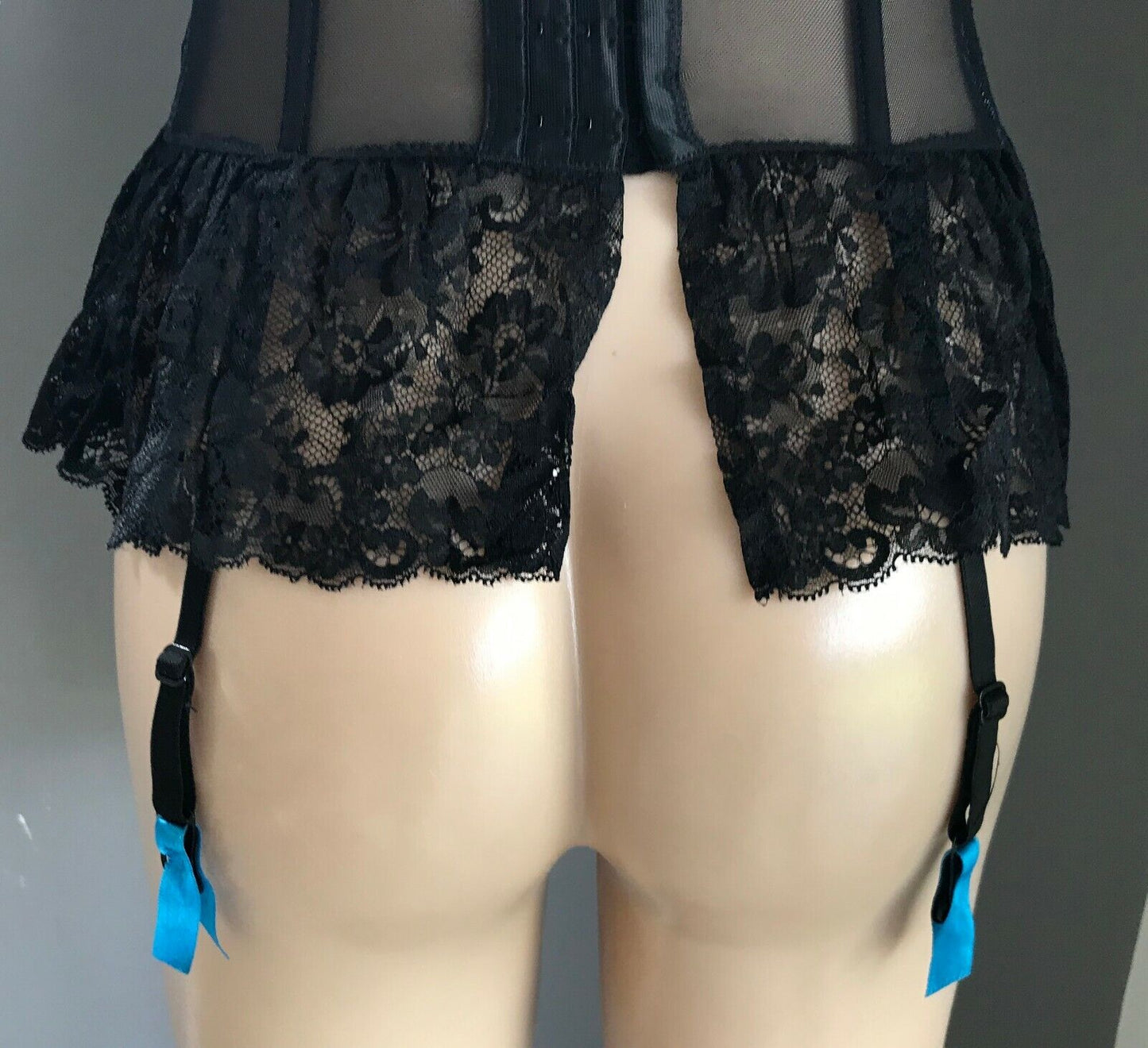 HANKY PANKY Burlesque Corset Suspenders Black & Teal Blue Lace Size 10 NEW Sexy