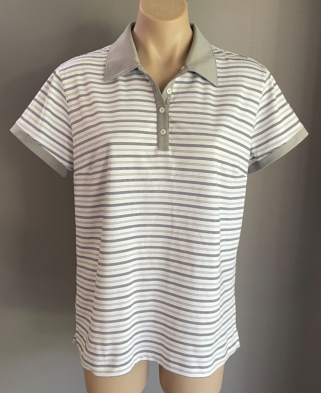 ADIDAS Golf Climalite Polo Shirt Grey Black White Stripe Short Sleeve Ladies L