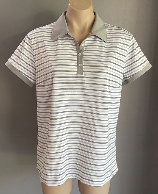 ADIDAS Golf Climalite Polo Shirt Grey Black White Stripe Short Sleeve Ladies L