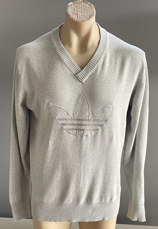 ADIDAS Mens Knit Sweatshirt Sweater Grey Marl V-Neck Size L Large Logo NEW
