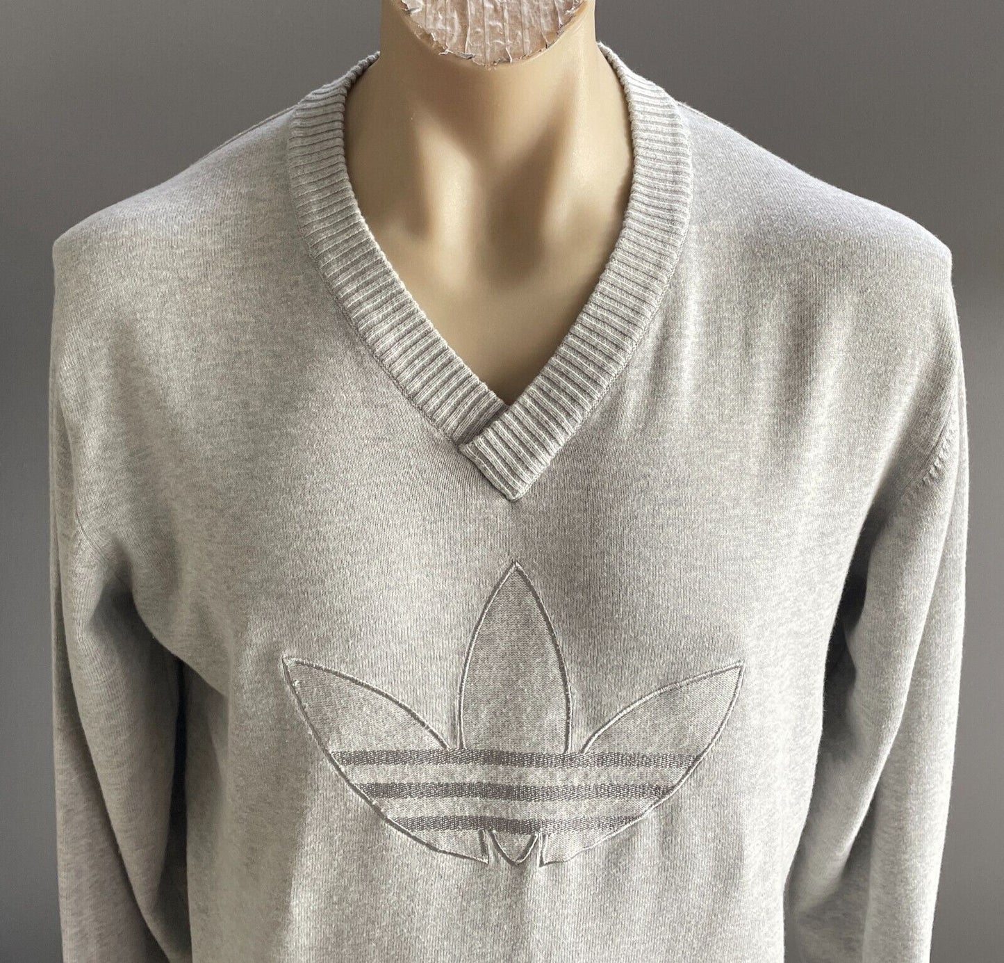 ADIDAS Mens Knit Sweatshirt Sweater Grey Marl V-Neck Size L Large Logo NEW