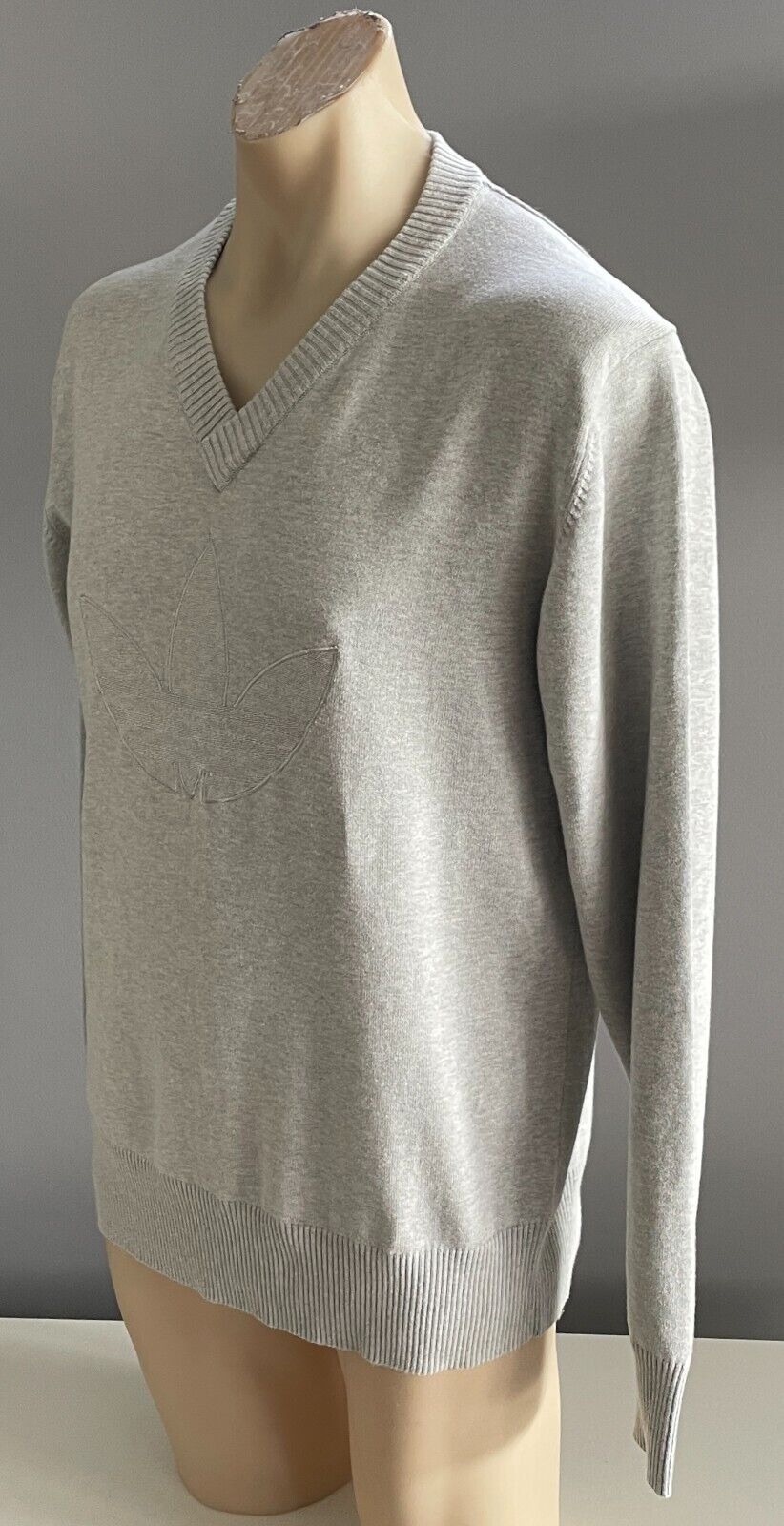 ADIDAS Mens Knit Sweatshirt Sweater Grey Marl V-Neck Size L Large Logo NEW