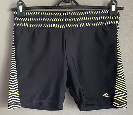 ADIDAS Training Shorts Black w Green & White Stripe Trim Stretch 13cm Size S