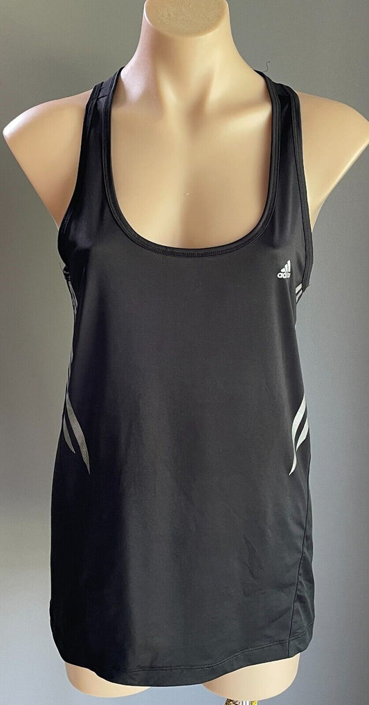 ADIDAS Tank Top Black & Silver Stripe Trim Adizero Sleeveless Racer Back Size 12