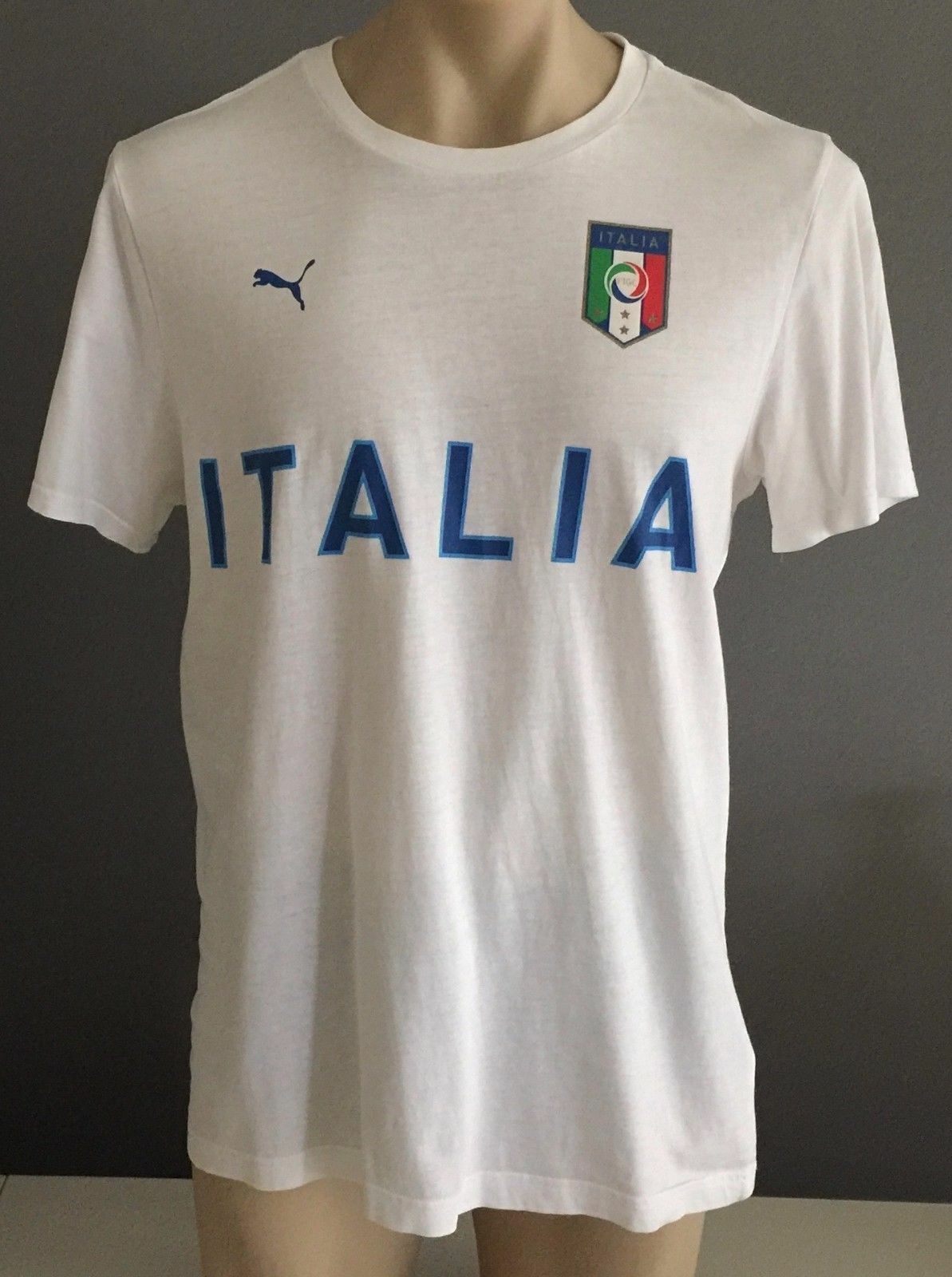 PUMA Italia & Flag Logo White T-Shirt Graphic Short Sleeve Mens Sz L Sport Gym