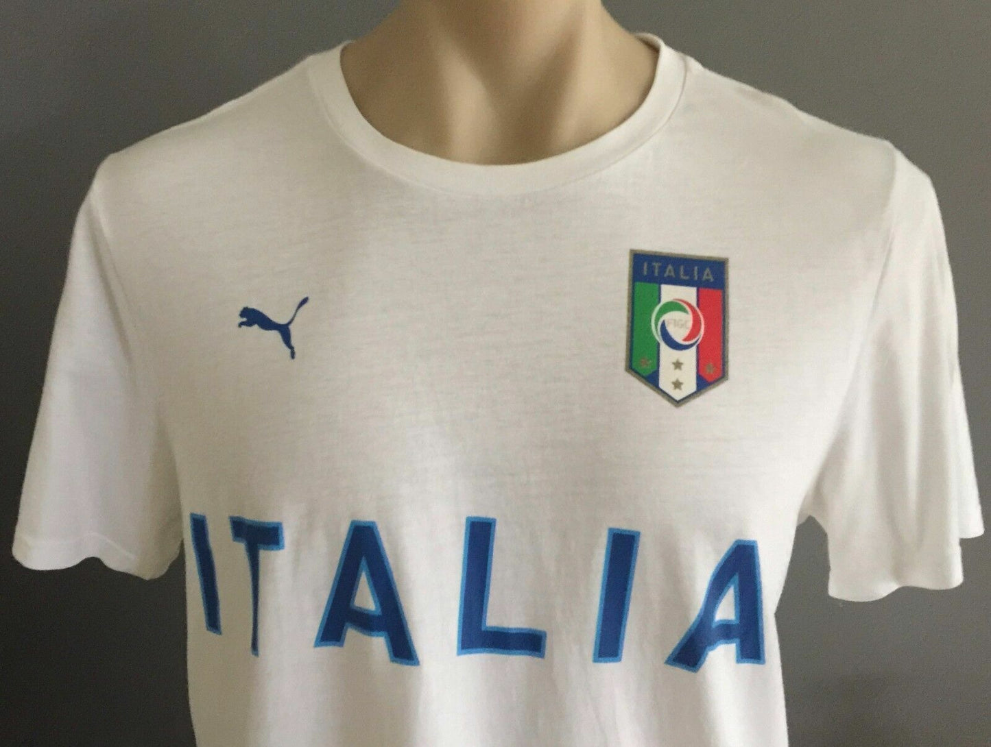 PUMA Italia & Flag Logo White T-Shirt Graphic Short Sleeve Mens Sz L Sport Gym