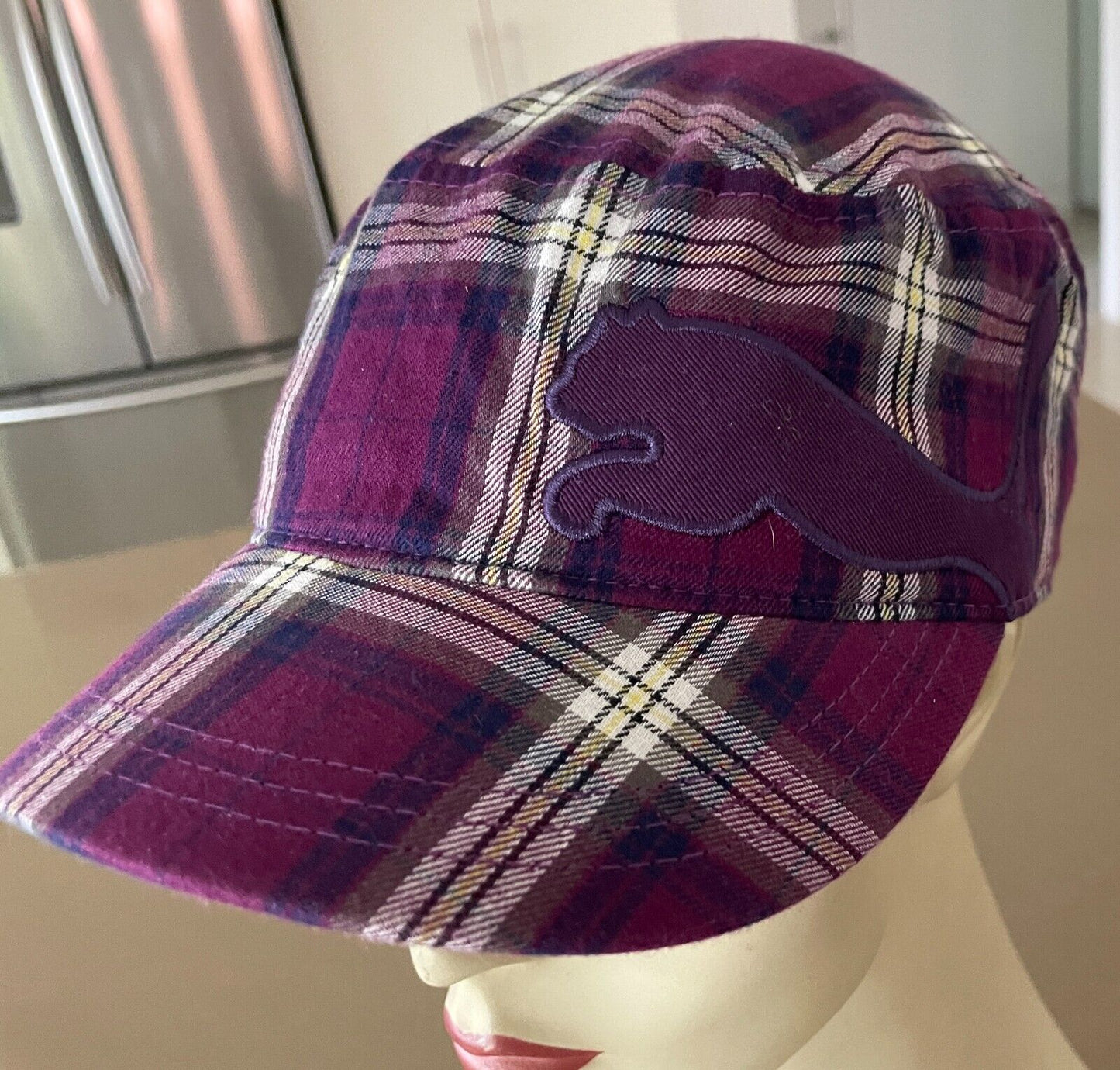 PUMA Purple Check Military Cadet Style Cap Hat  Adjustable OSFA Embroidered Logo