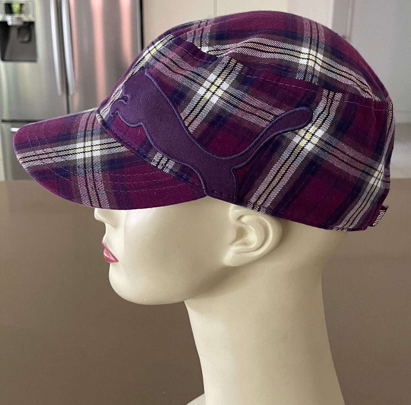 PUMA Purple Check Military Cadet Style Cap Hat  Adjustable OSFA Embroidered Logo