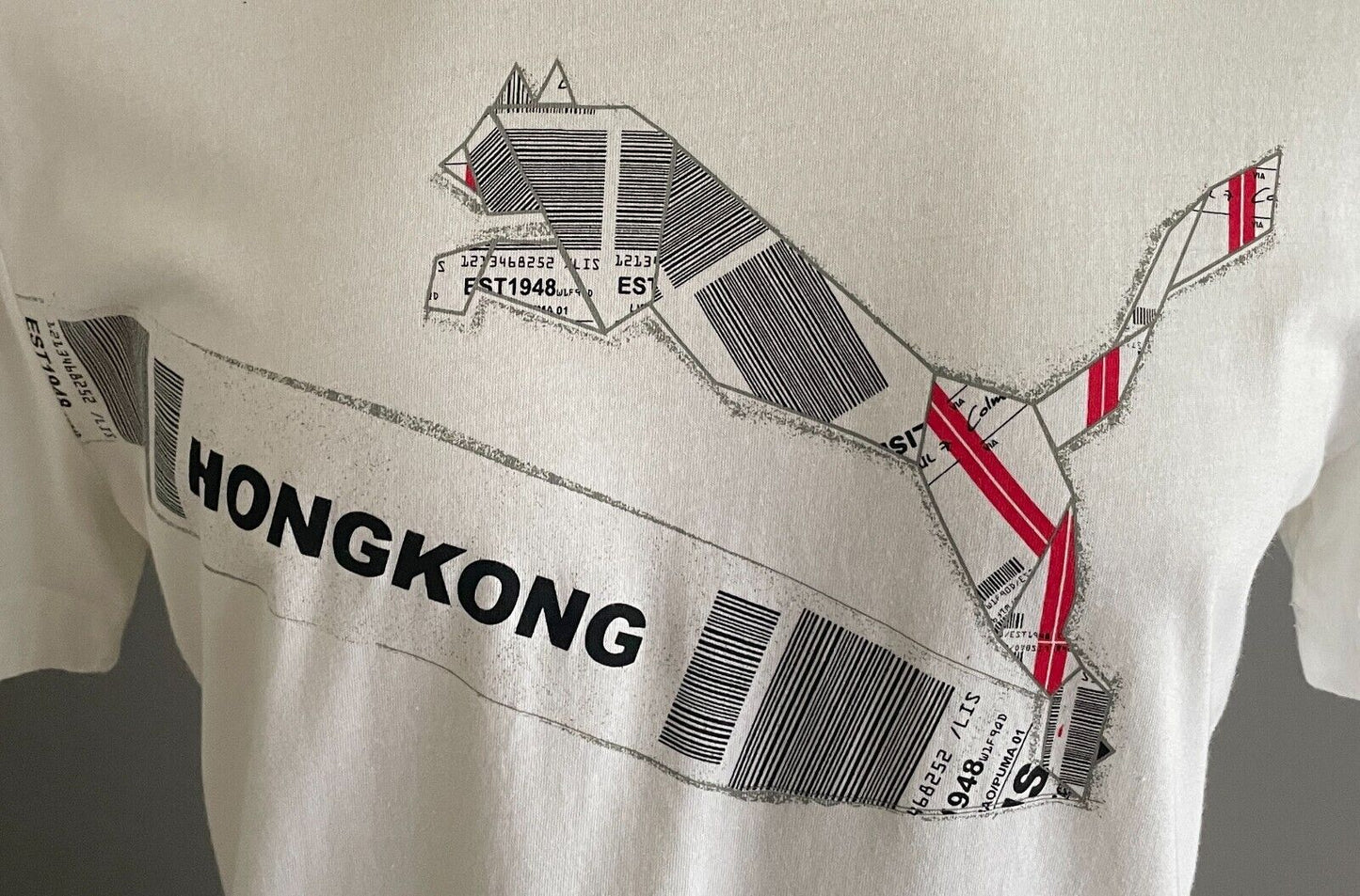 PUMA T-Shirt White Hong Kong Double Bar Code Graphic Print Top Mens Size XL Rare