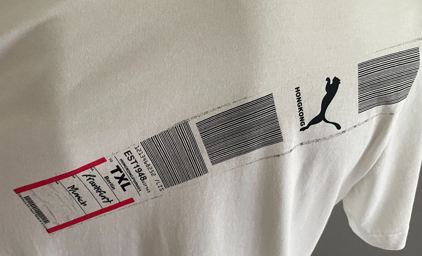 PUMA T-Shirt White Hong Kong Double Bar Code Graphic Print Top Mens Size XL Rare
