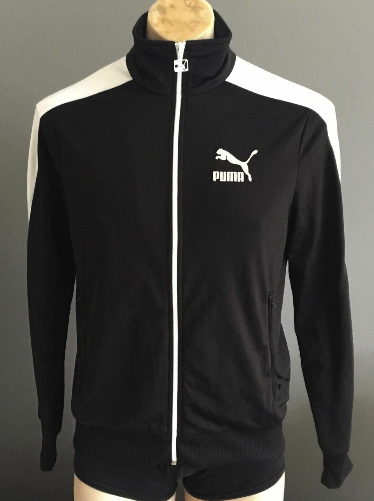 PUMA Zip Front Track Jacket Black w White Trim Mens Size S Sport Active