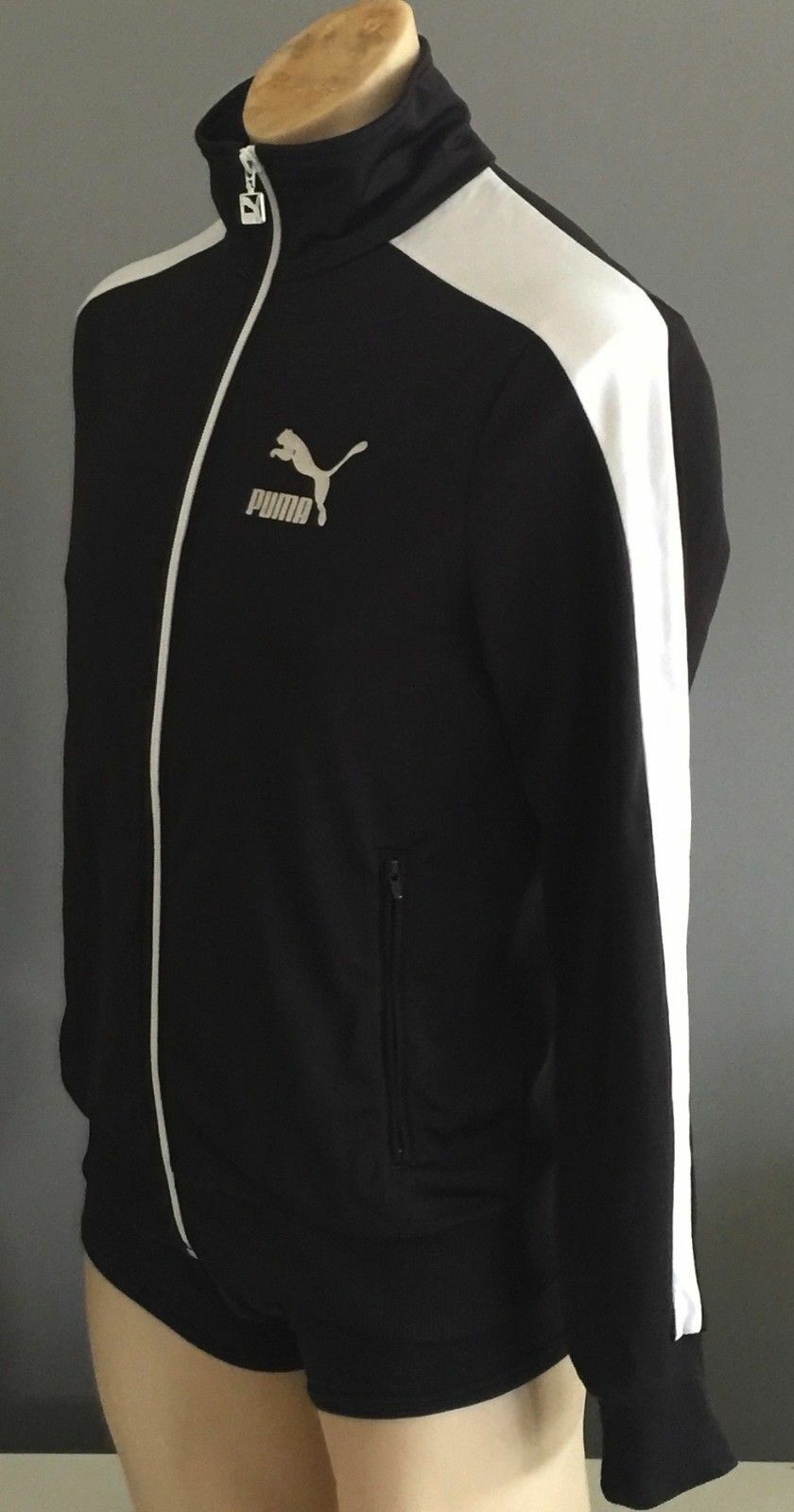 PUMA Zip Front Track Jacket Black w White Trim Mens Size S Sport Active
