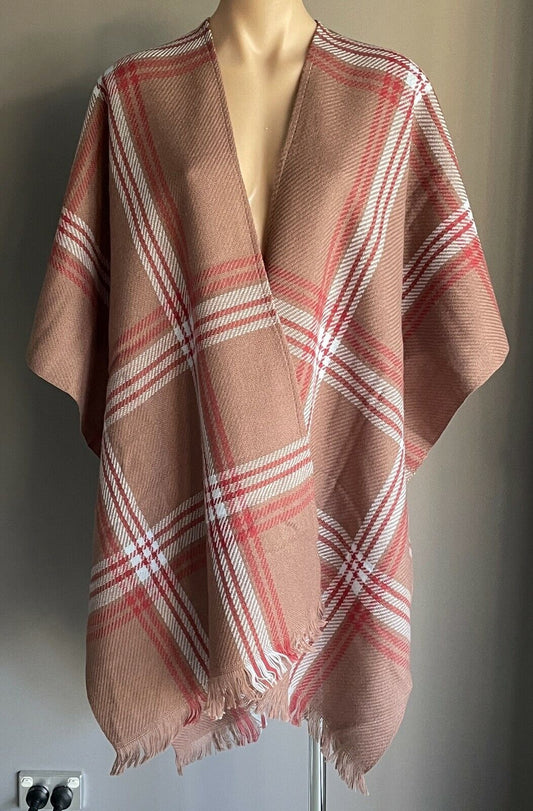 KNIT SHAWL Fringed Brown Red Blue Plaid Acrylic Poncho Ladies Wrap NEW Japan
