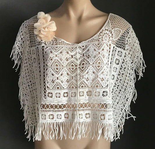 LUV LOU Crop Top Fringed Poncho Top White Crochet  Ladies Size 10 12