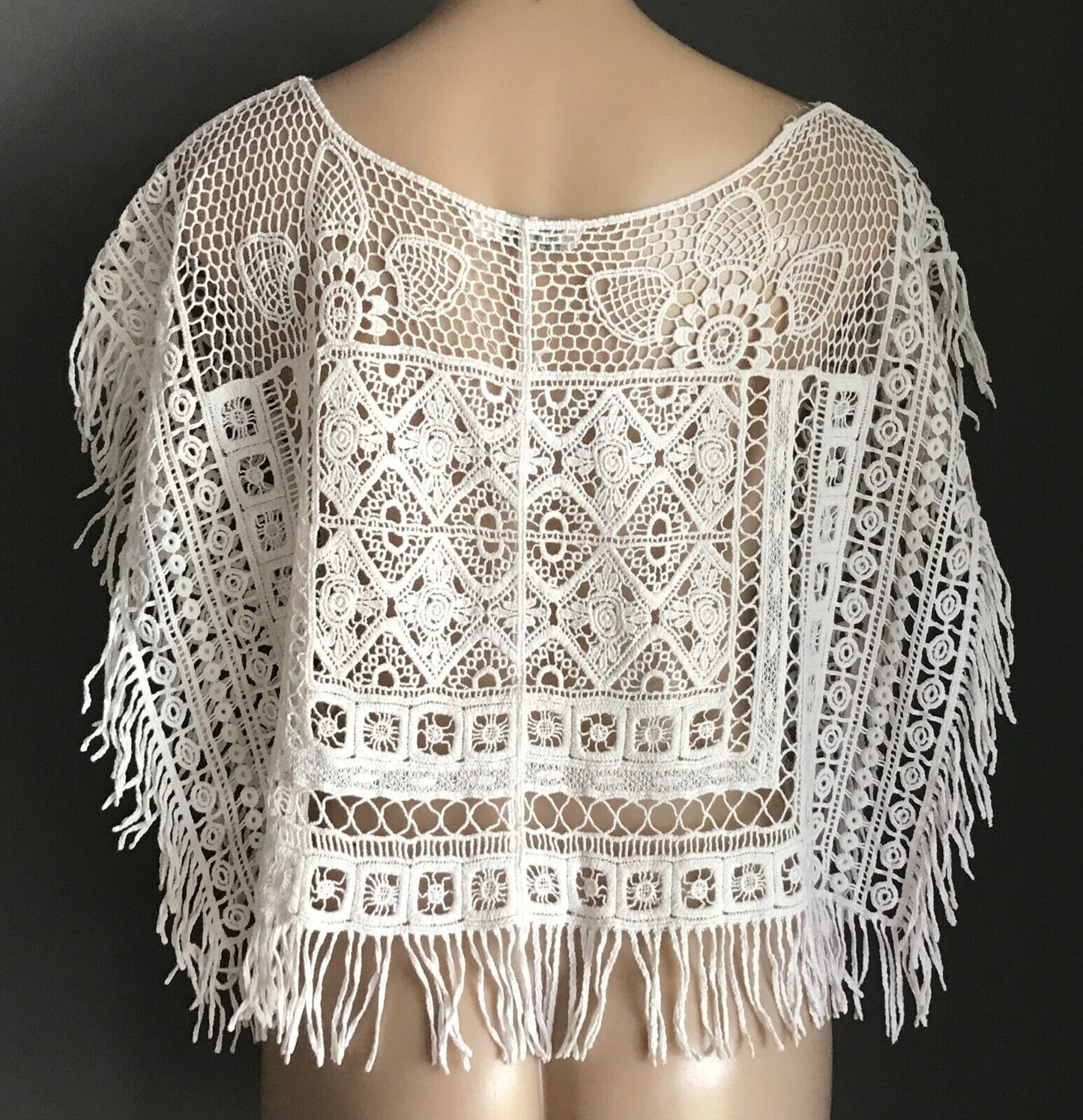 LUV LOU Crop Top Fringed Poncho Top White Crochet  Ladies Size 10 12