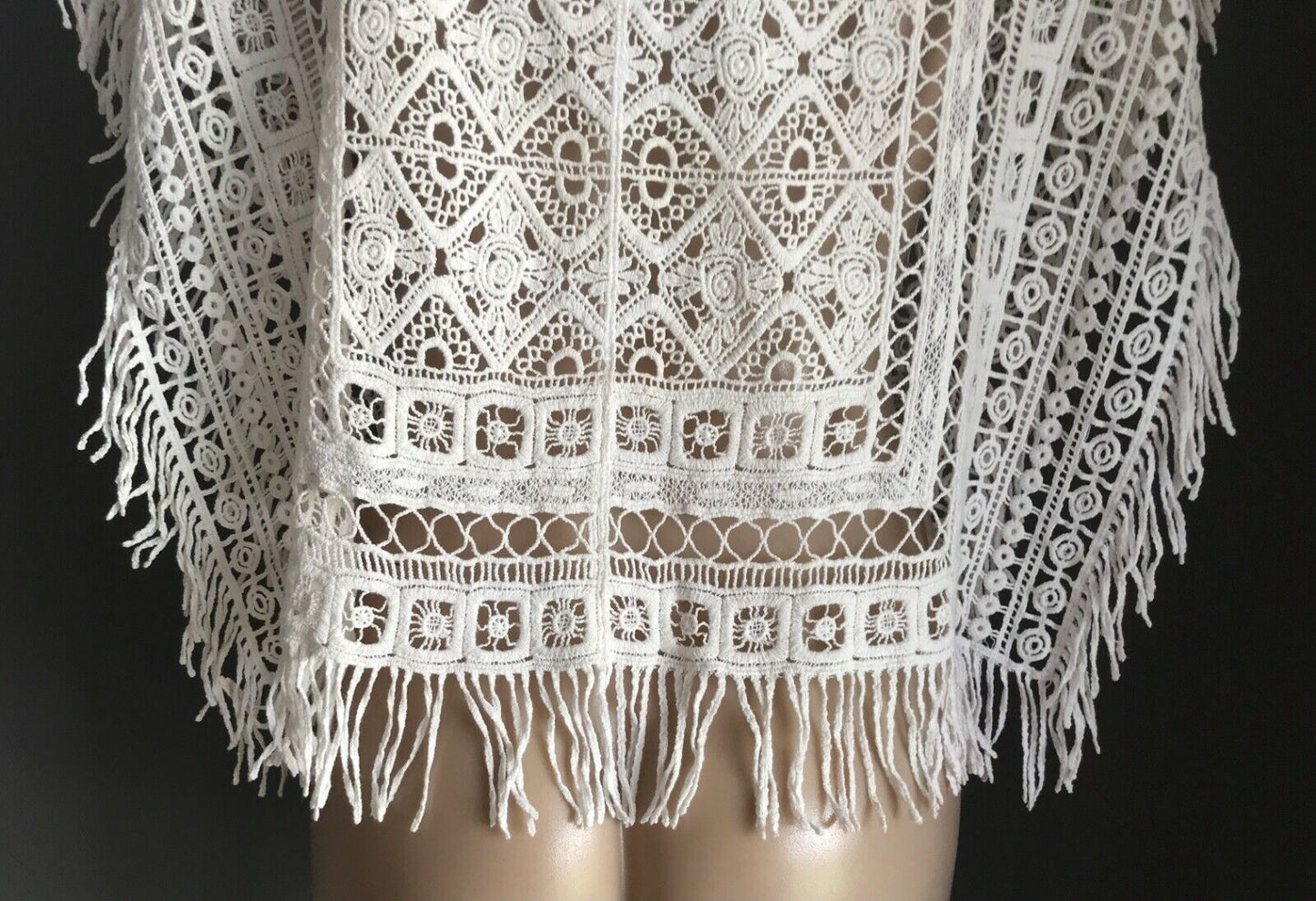 LUV LOU Crop Top Fringed Poncho Top White Crochet  Ladies Size 10 12
