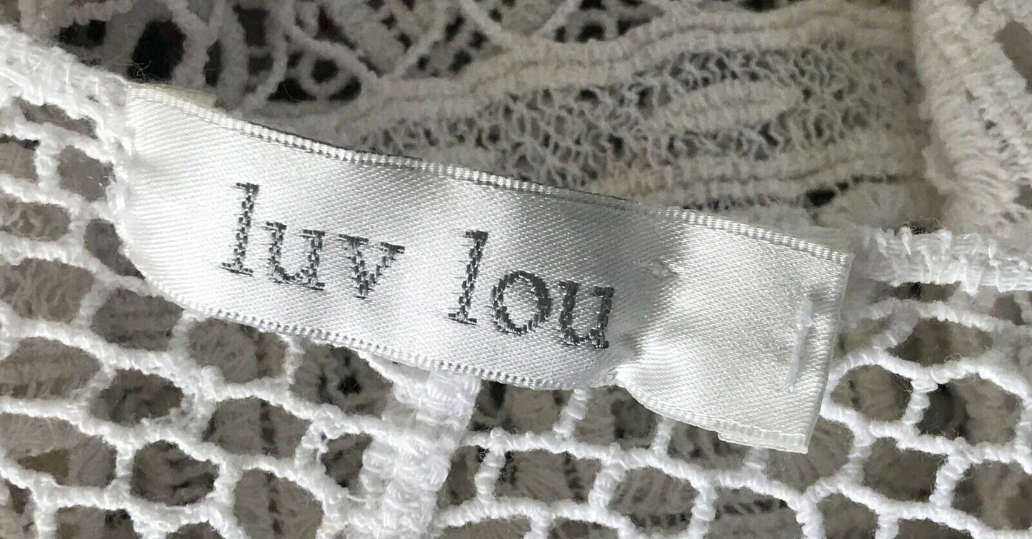 LUV LOU Crop Top Fringed Poncho Top White Crochet  Ladies Size 10 12