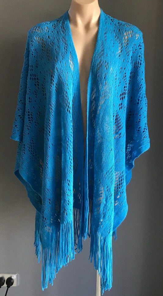 KIMONO Fringed Poncho Blue Open Crochet Knit Butterfly Motif Size 8  14 NEW