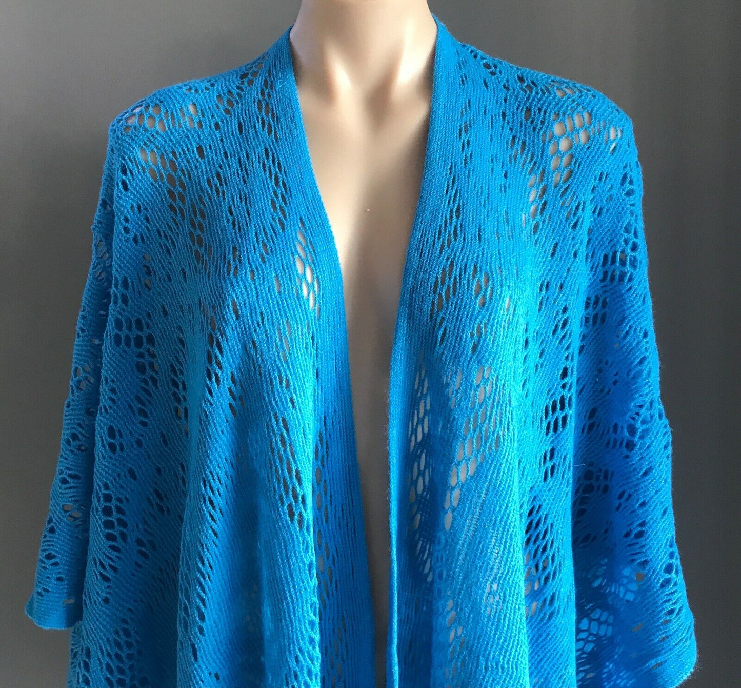 KIMONO Fringed Poncho Blue Open Crochet Knit Butterfly Motif Size 8  14 NEW