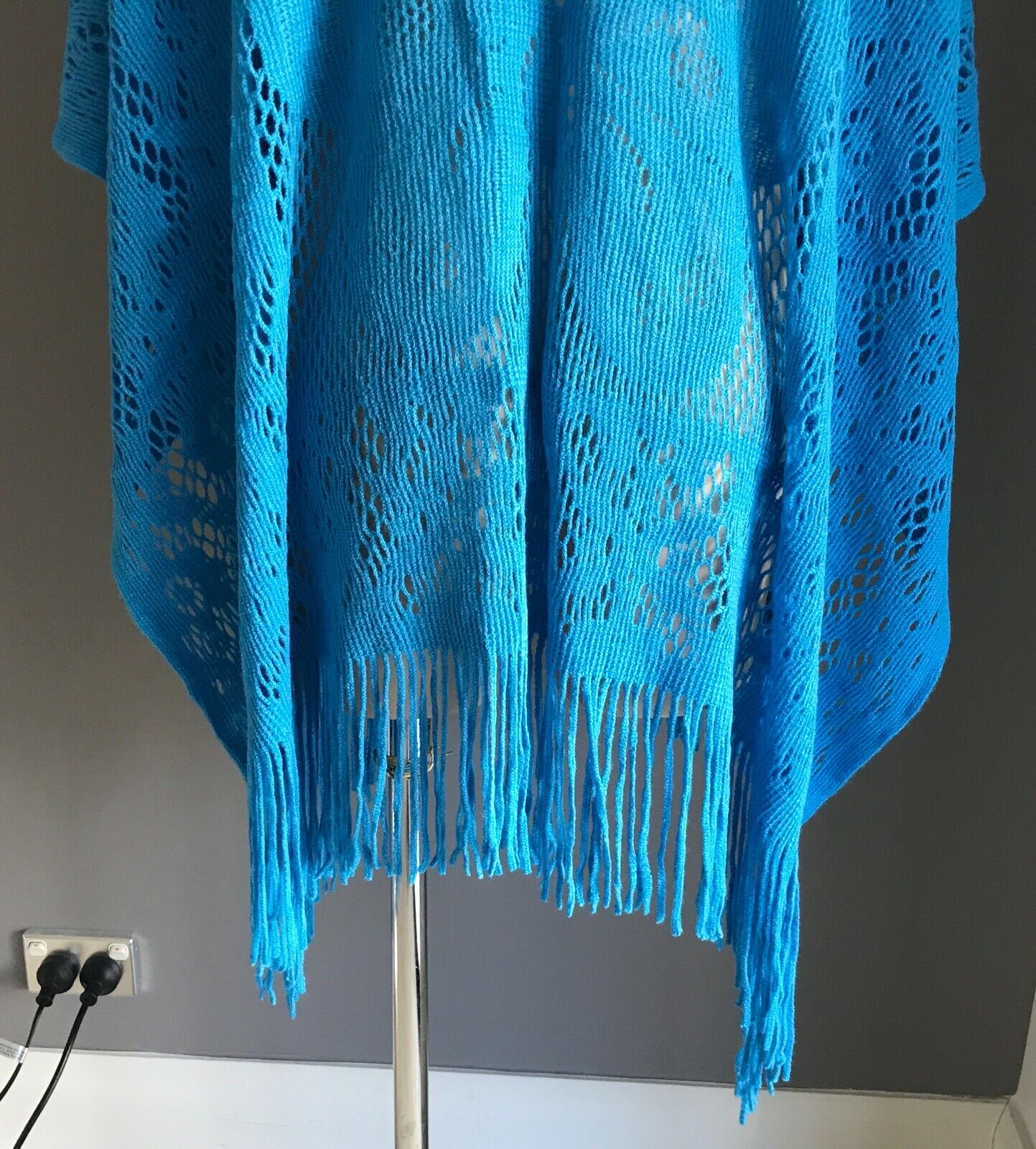 KIMONO Fringed Poncho Blue Open Crochet Knit Butterfly Motif Size 8  14 NEW