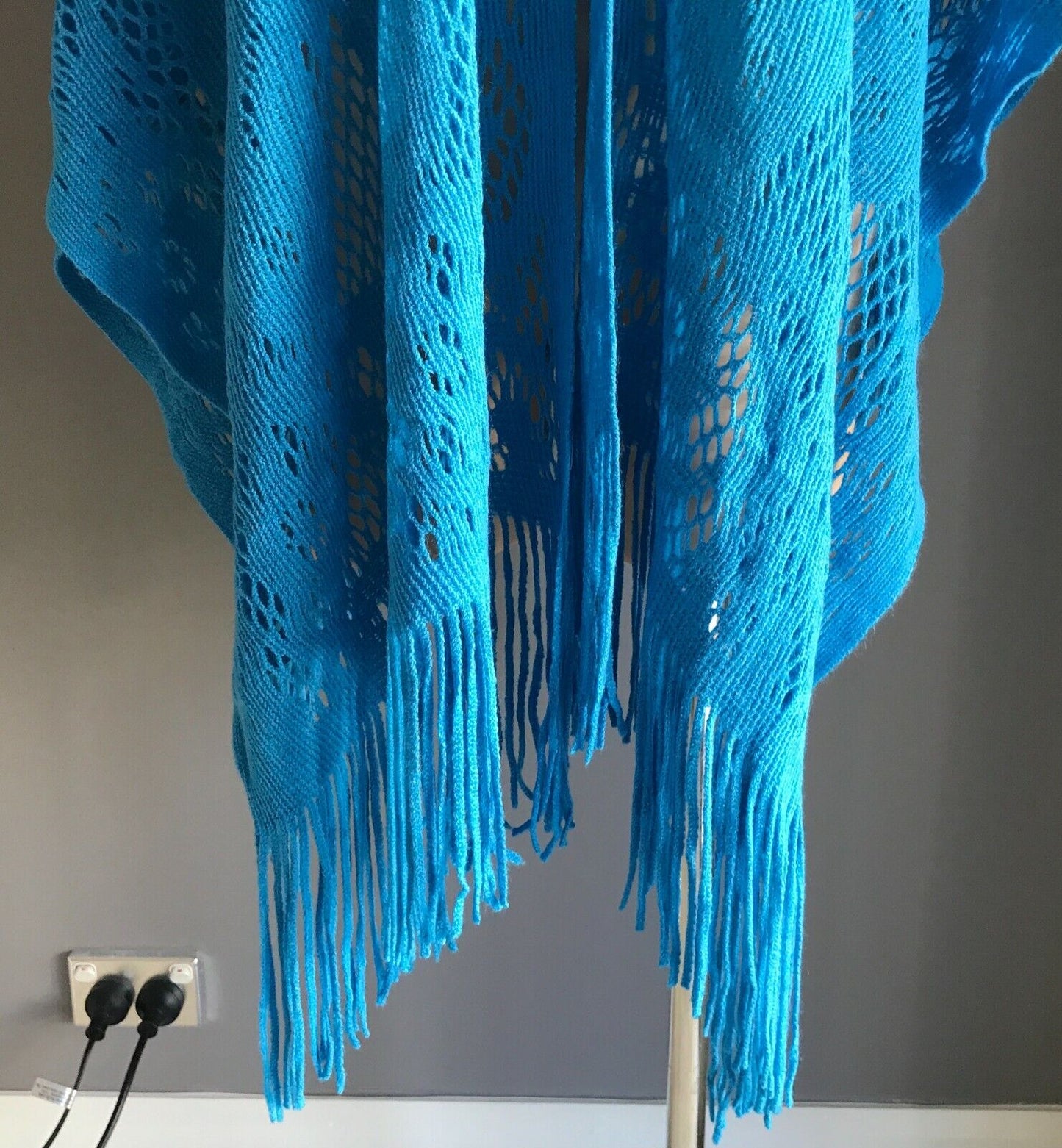 KIMONO Fringed Poncho Blue Open Crochet Knit Butterfly Motif Size 8  14 NEW