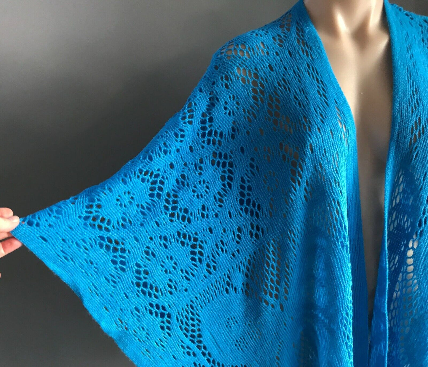 KIMONO Fringed Poncho Blue Open Crochet Knit Butterfly Motif Size 8  14 NEW