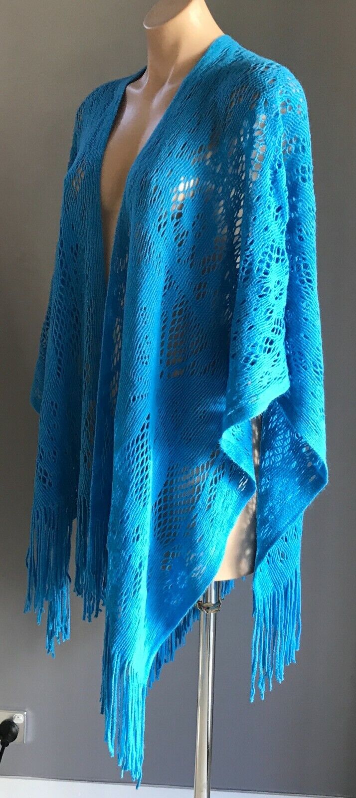 KIMONO Fringed Poncho Blue Open Crochet Knit Butterfly Motif Size 8  14 NEW