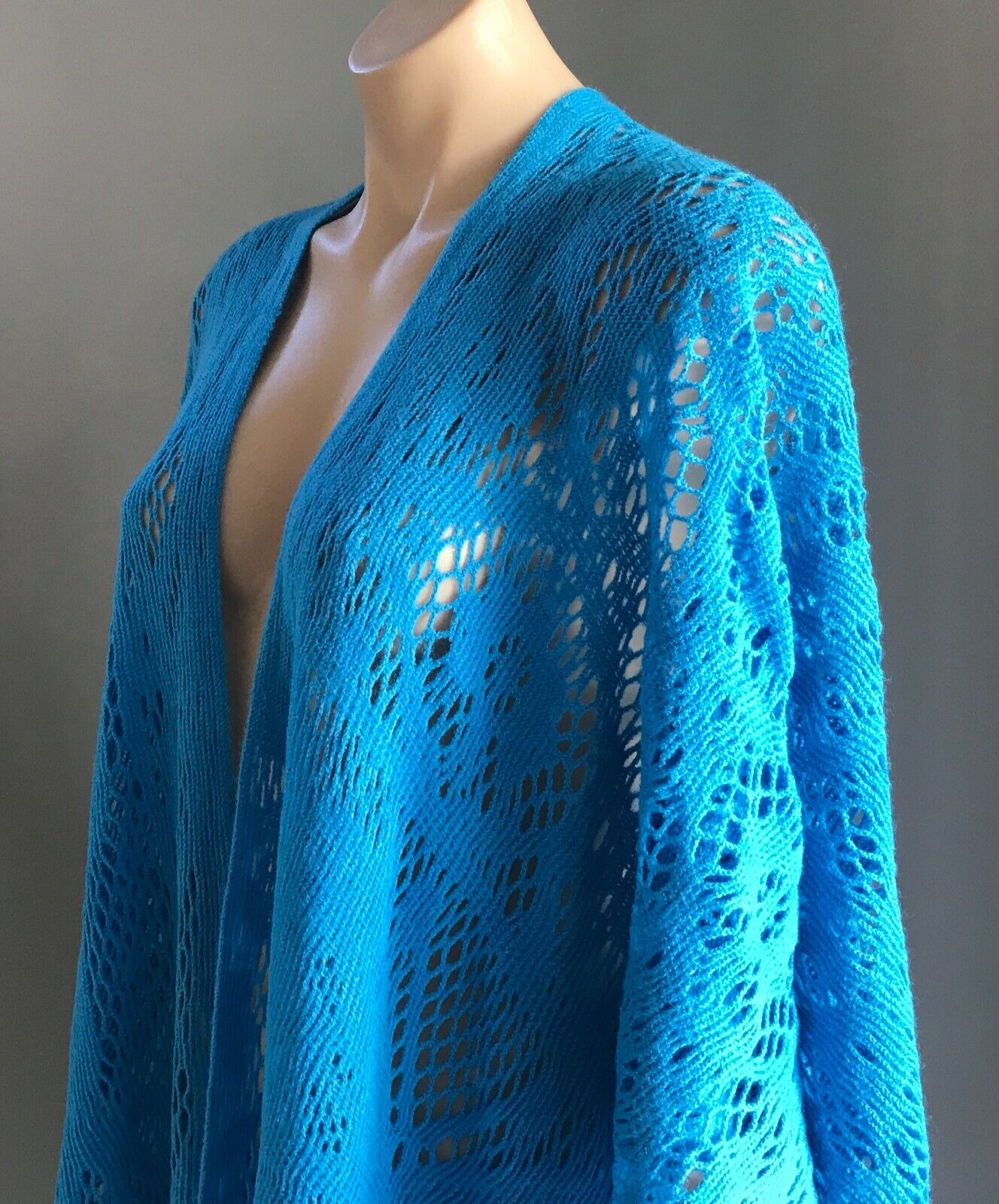 KIMONO Fringed Poncho Blue Open Crochet Knit Butterfly Motif Size 8  14 NEW