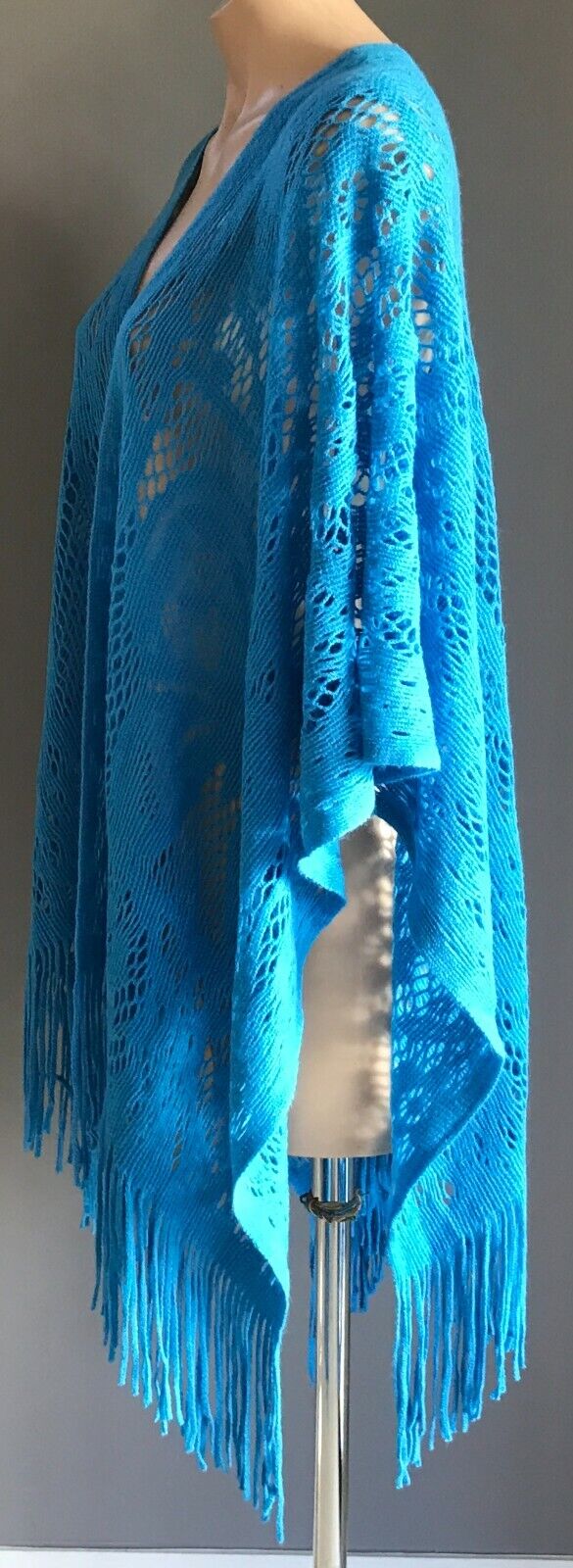 KIMONO Fringed Poncho Blue Open Crochet Knit Butterfly Motif Size 8  14 NEW