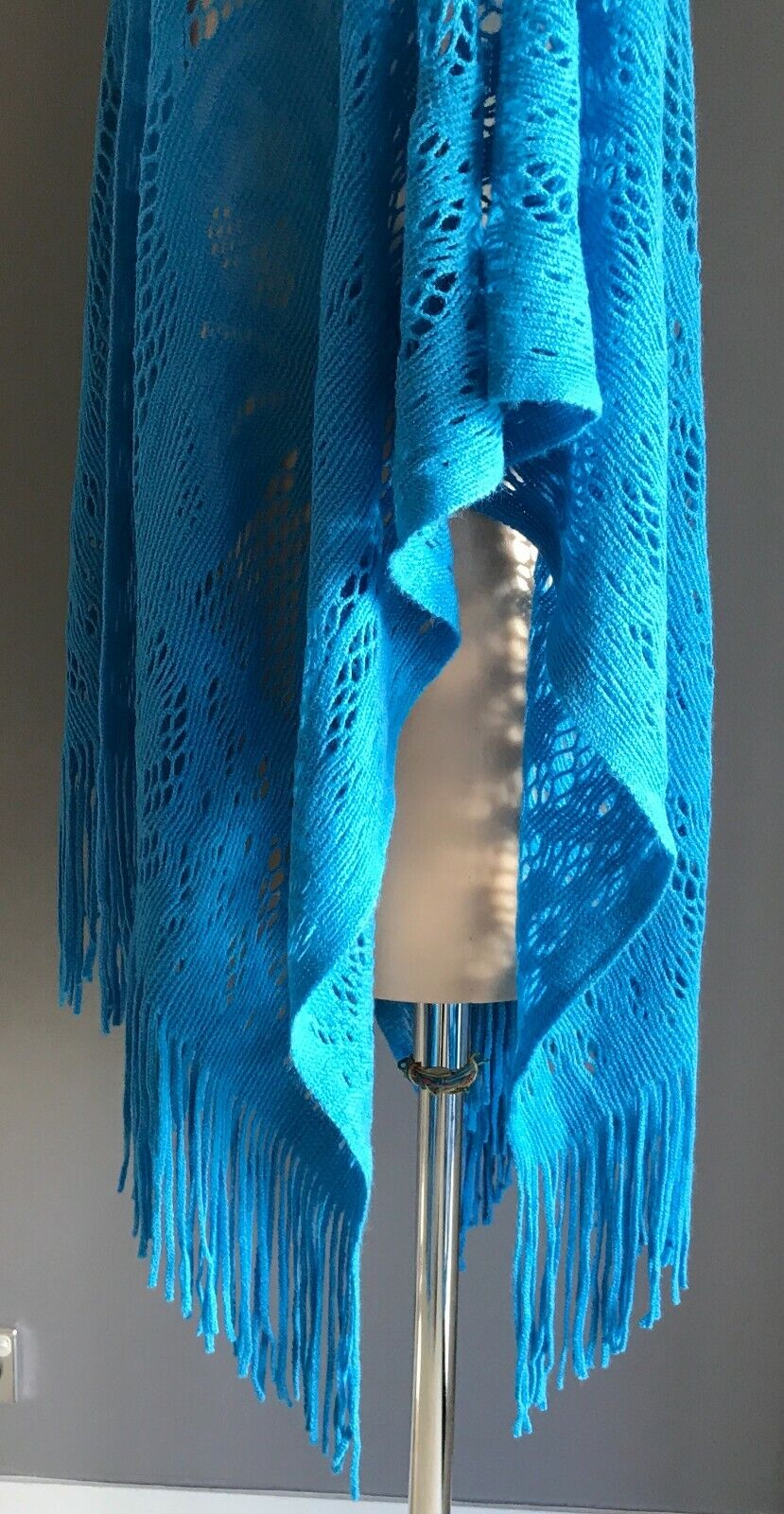 KIMONO Fringed Poncho Blue Open Crochet Knit Butterfly Motif Size 8  14 NEW