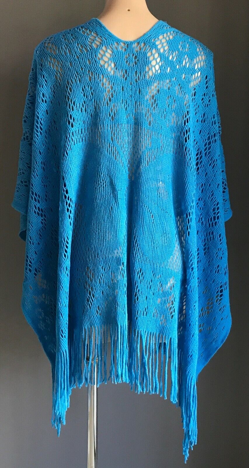 KIMONO Fringed Poncho Blue Open Crochet Knit Butterfly Motif Size 8  14 NEW