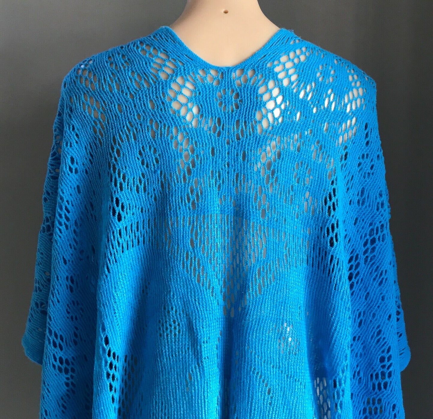 KIMONO Fringed Poncho Blue Open Crochet Knit Butterfly Motif Size 8  14 NEW
