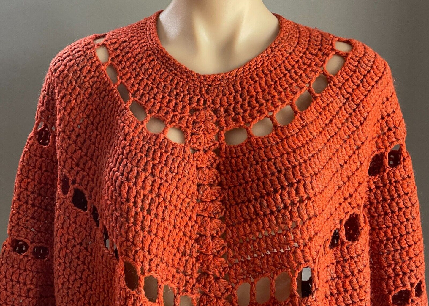 PONCHO Rust Red Black CHUNKY KNIT Fringed Size 10 - 14 Handmade Crochet