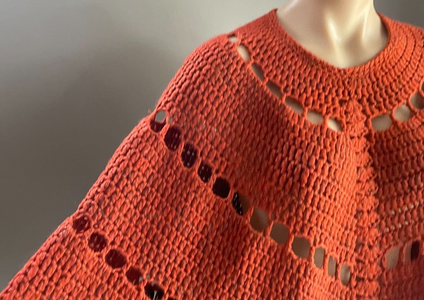 PONCHO Rust Red Black CHUNKY KNIT Fringed Size 10 - 14 Handmade Crochet