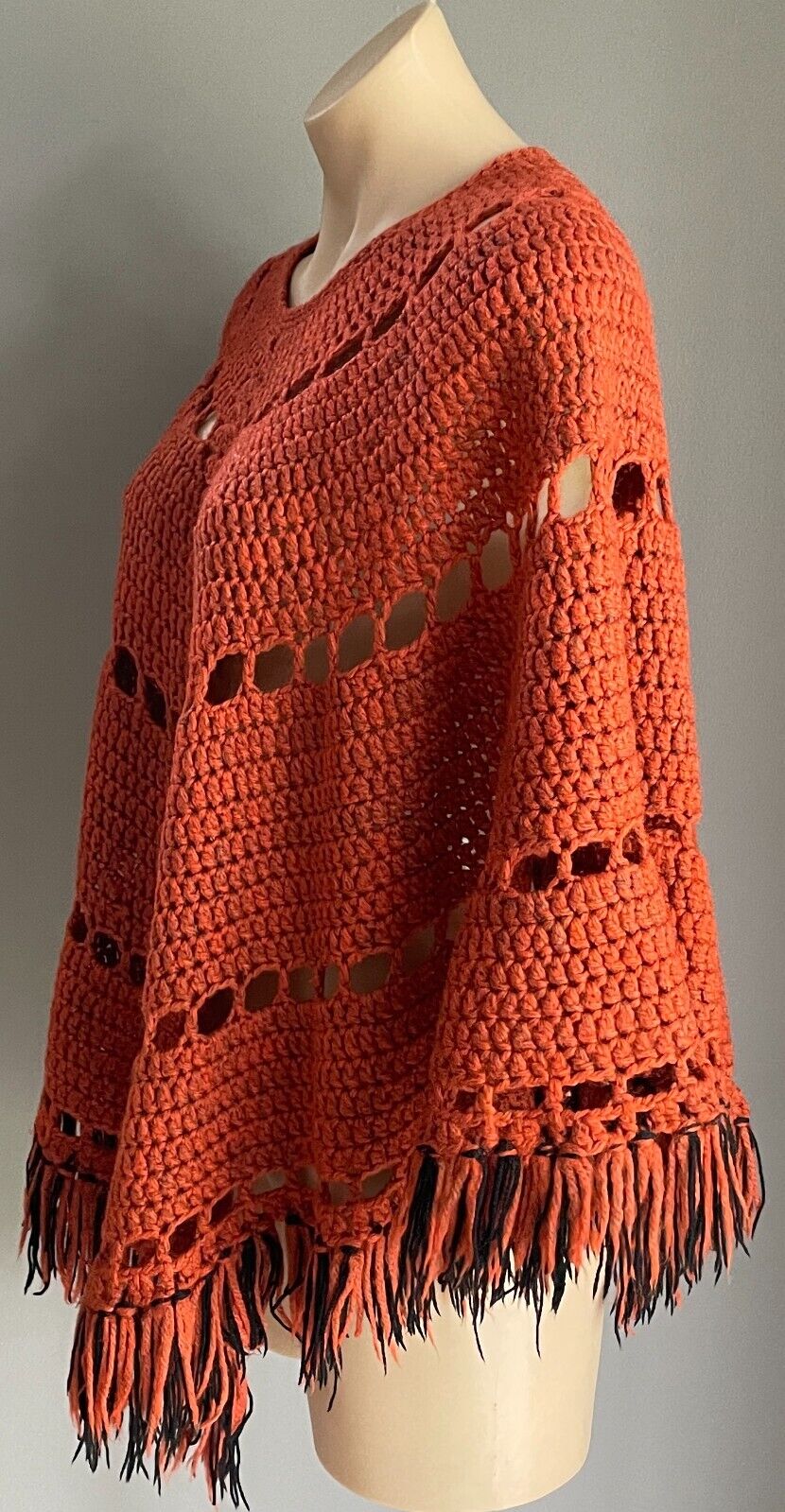 PONCHO Rust Red Black CHUNKY KNIT Fringed Size 10 - 14 Handmade Crochet