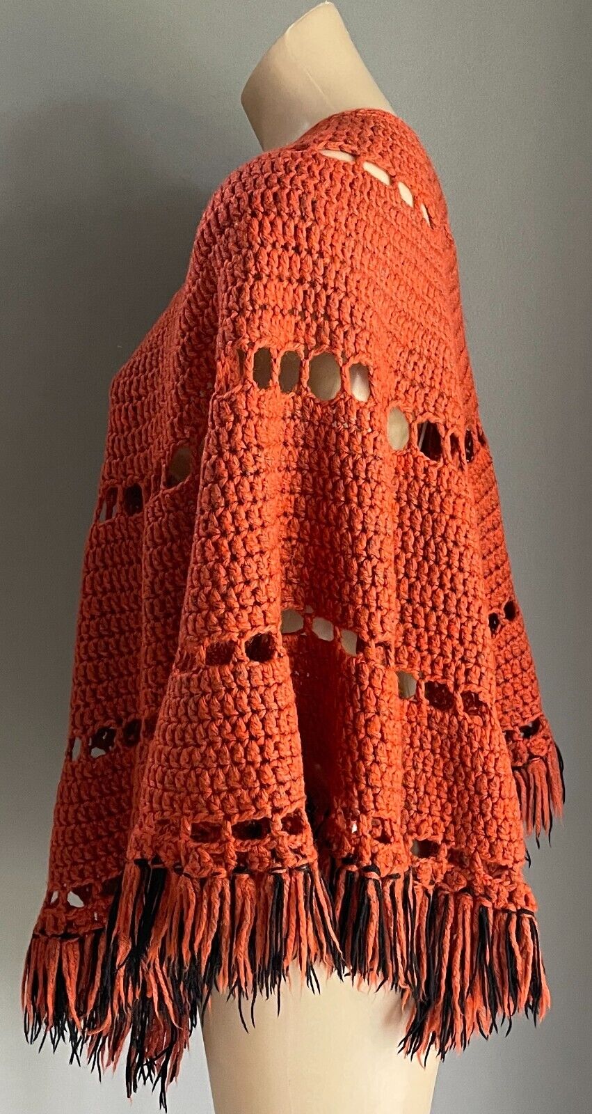 PONCHO Rust Red Black CHUNKY KNIT Fringed Size 10 - 14 Handmade Crochet