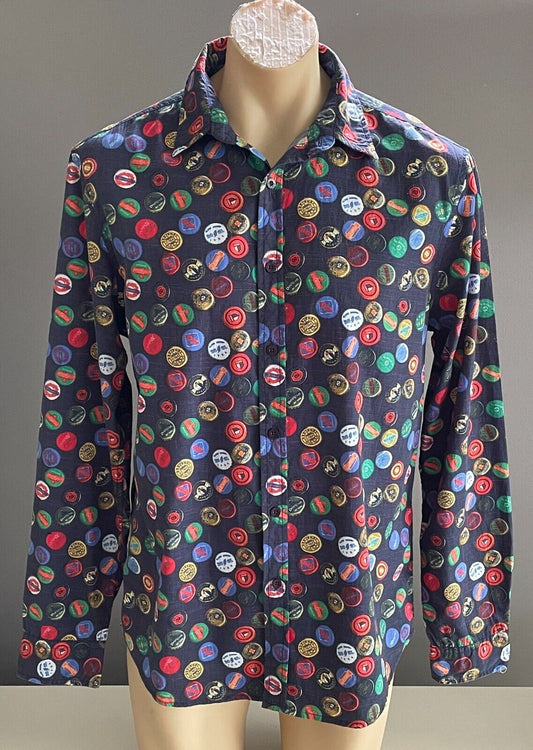 DESIGUAL Shirt Bottle Tops Graphic Navy Base Button Up Long Sleeve Beer Mens L