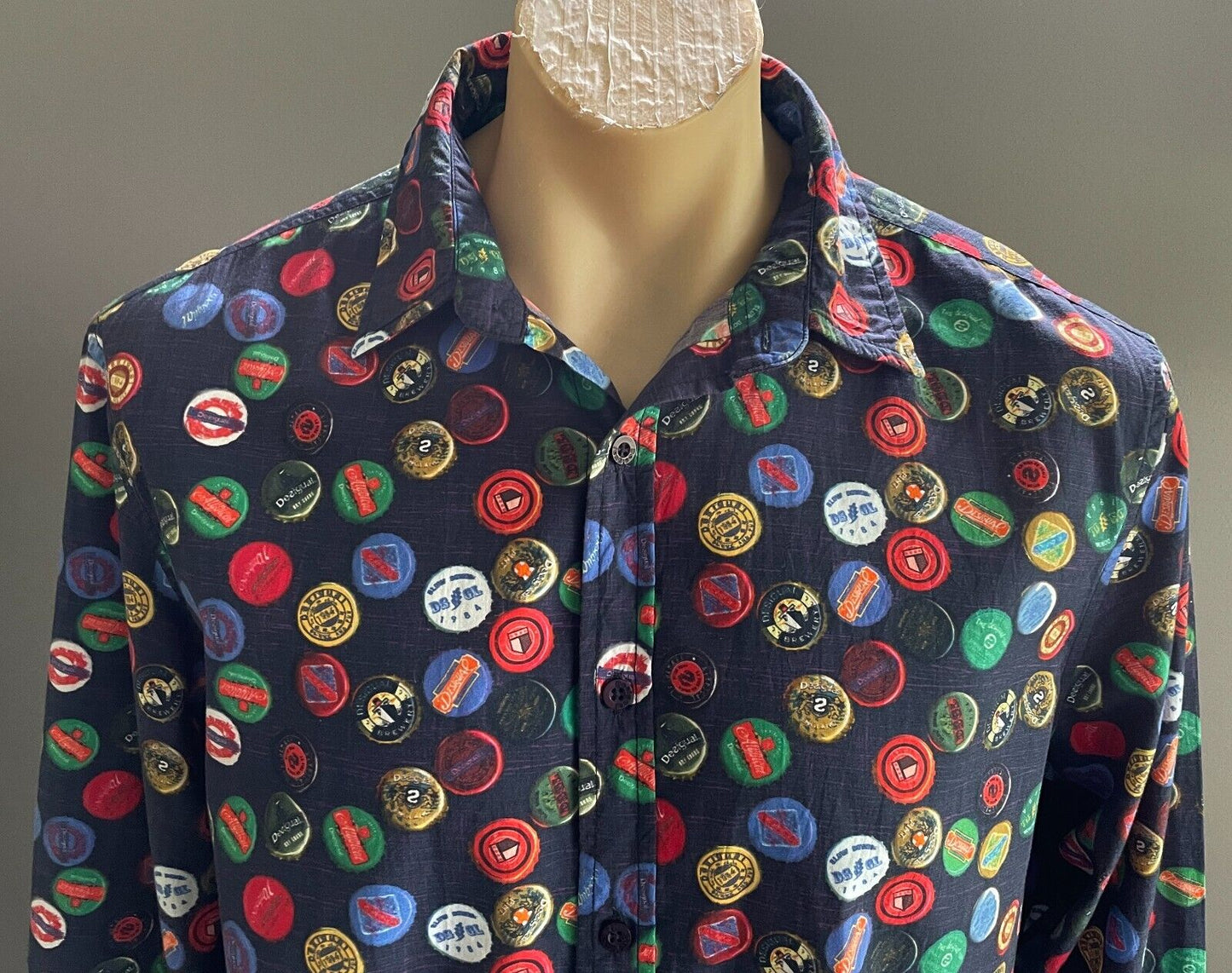 DESIGUAL Shirt Bottle Tops Graphic Navy Base Button Up Long Sleeve Beer Mens L