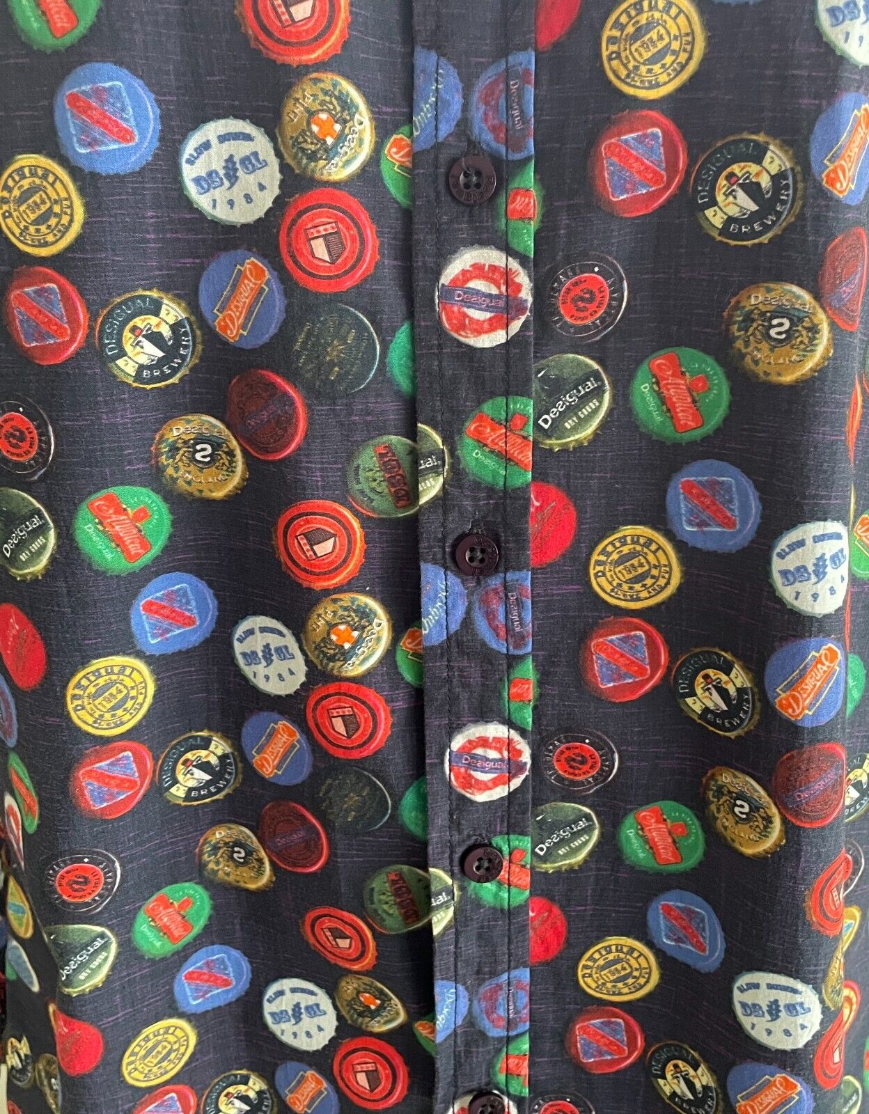 DESIGUAL Shirt Bottle Tops Graphic Navy Base Button Up Long Sleeve Beer Mens L