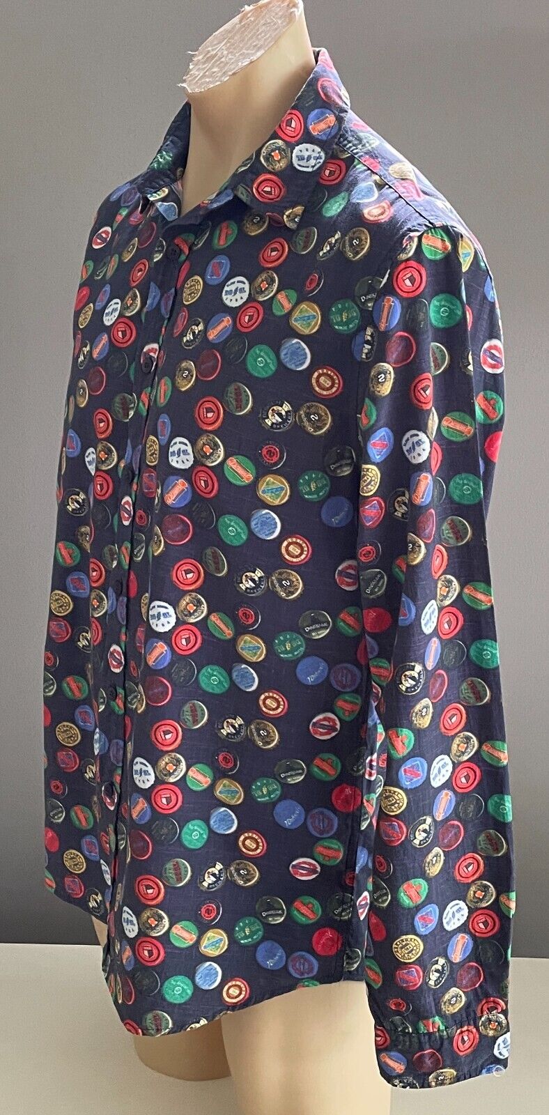 DESIGUAL Shirt Bottle Tops Graphic Navy Base Button Up Long Sleeve Beer Mens L