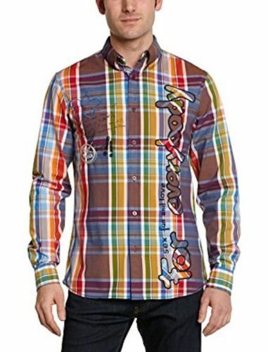 DESIGUAL Shirt Long Sleeve Bright MultiColour Check Designer Print Mens Sz  L