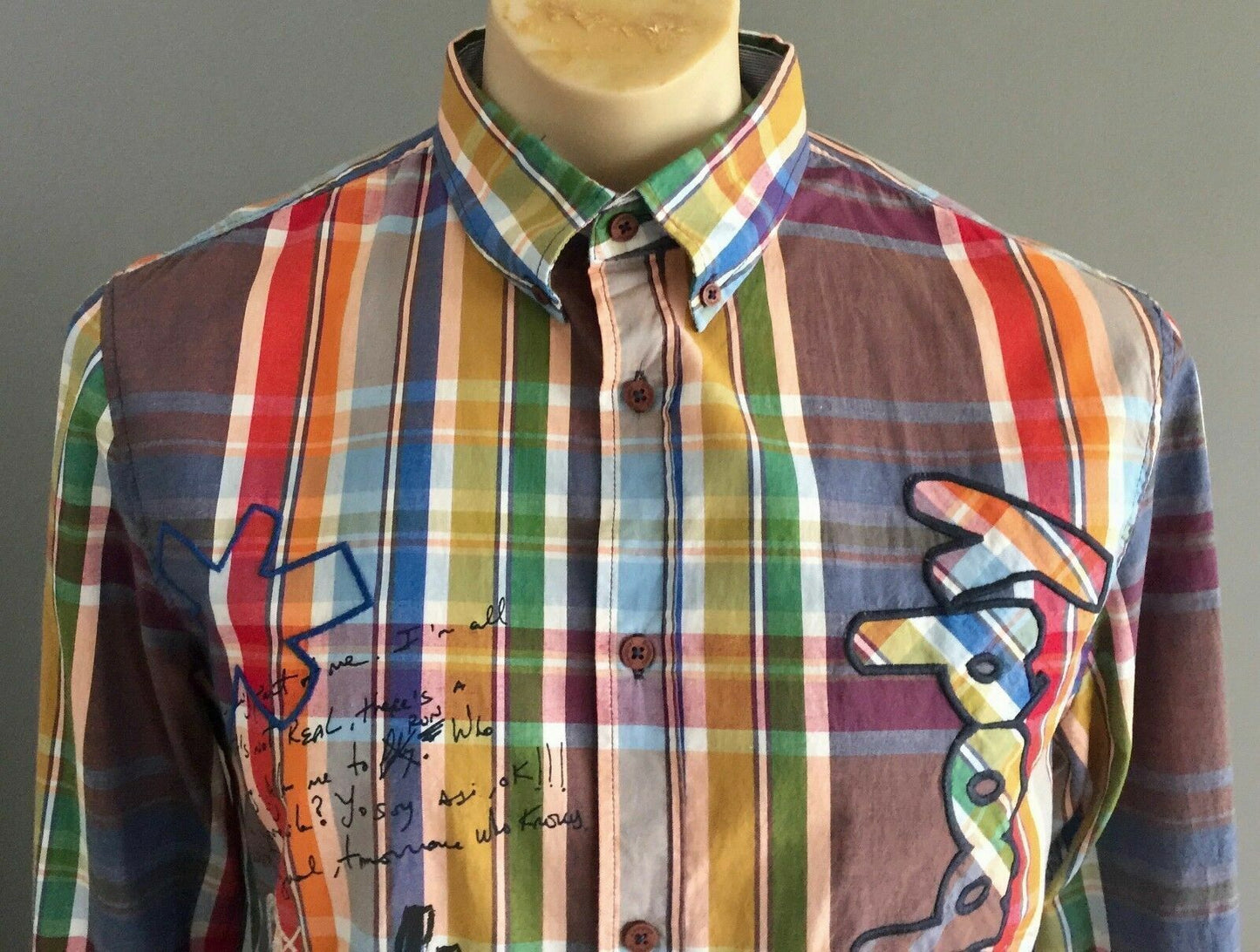 DESIGUAL Shirt Long Sleeve Bright MultiColour Check Designer Print Mens Sz  L