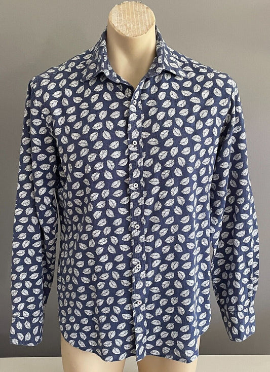 MJB Cuban M J BALE Shirt Linen Blend Blue White Leaves Long Sleeve Mens Size M