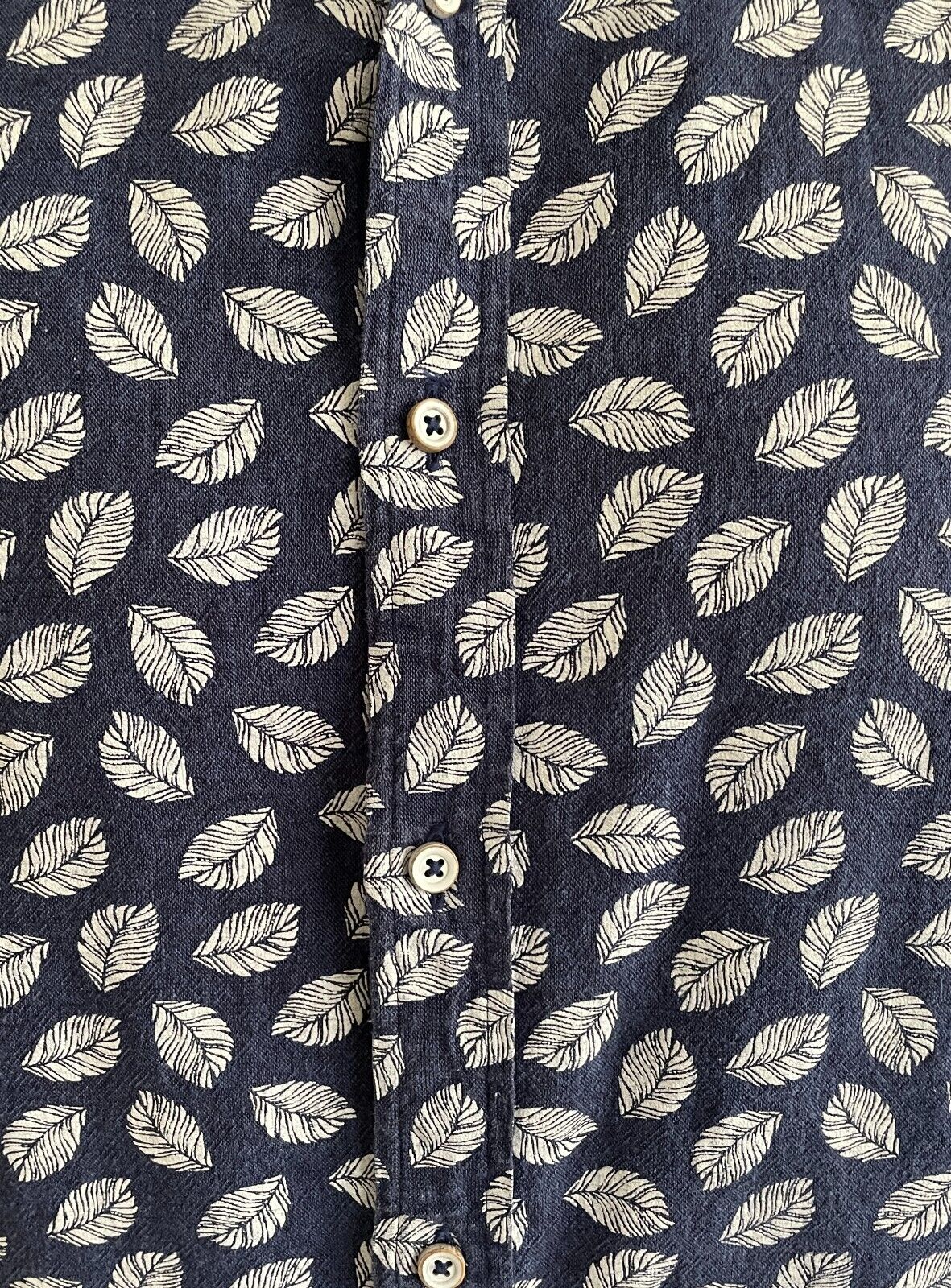 MJB Cuban M J BALE Shirt Linen Blend Blue White Leaves Long Sleeve Mens Size M