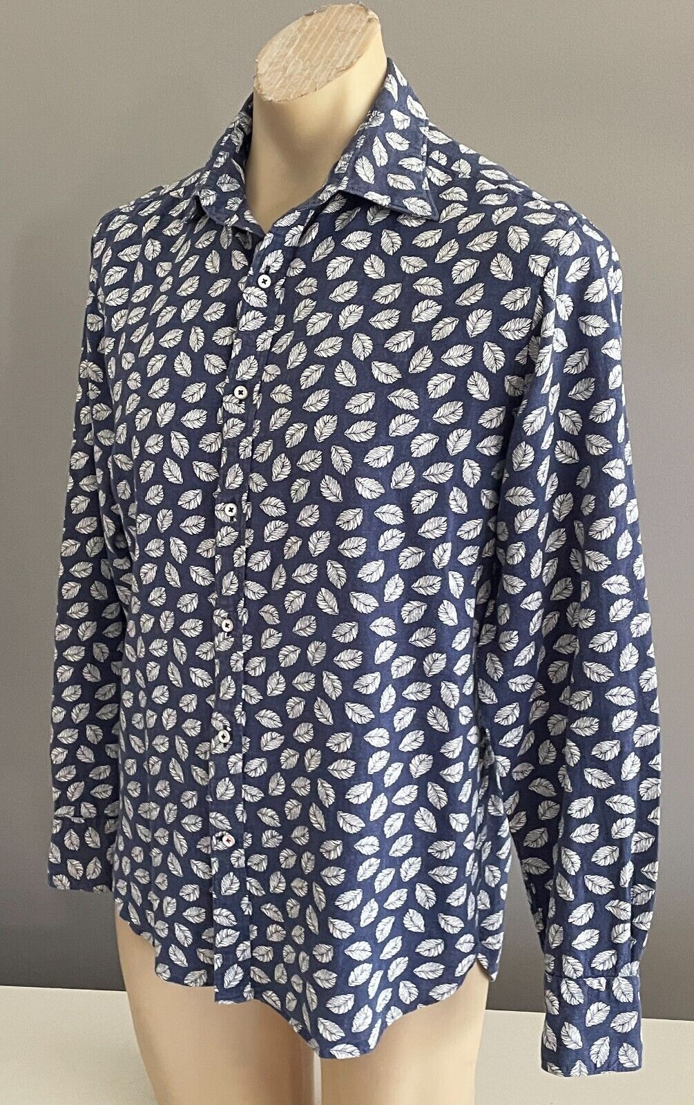MJB Cuban M J BALE Shirt Linen Blend Blue White Leaves Long Sleeve Mens Size M